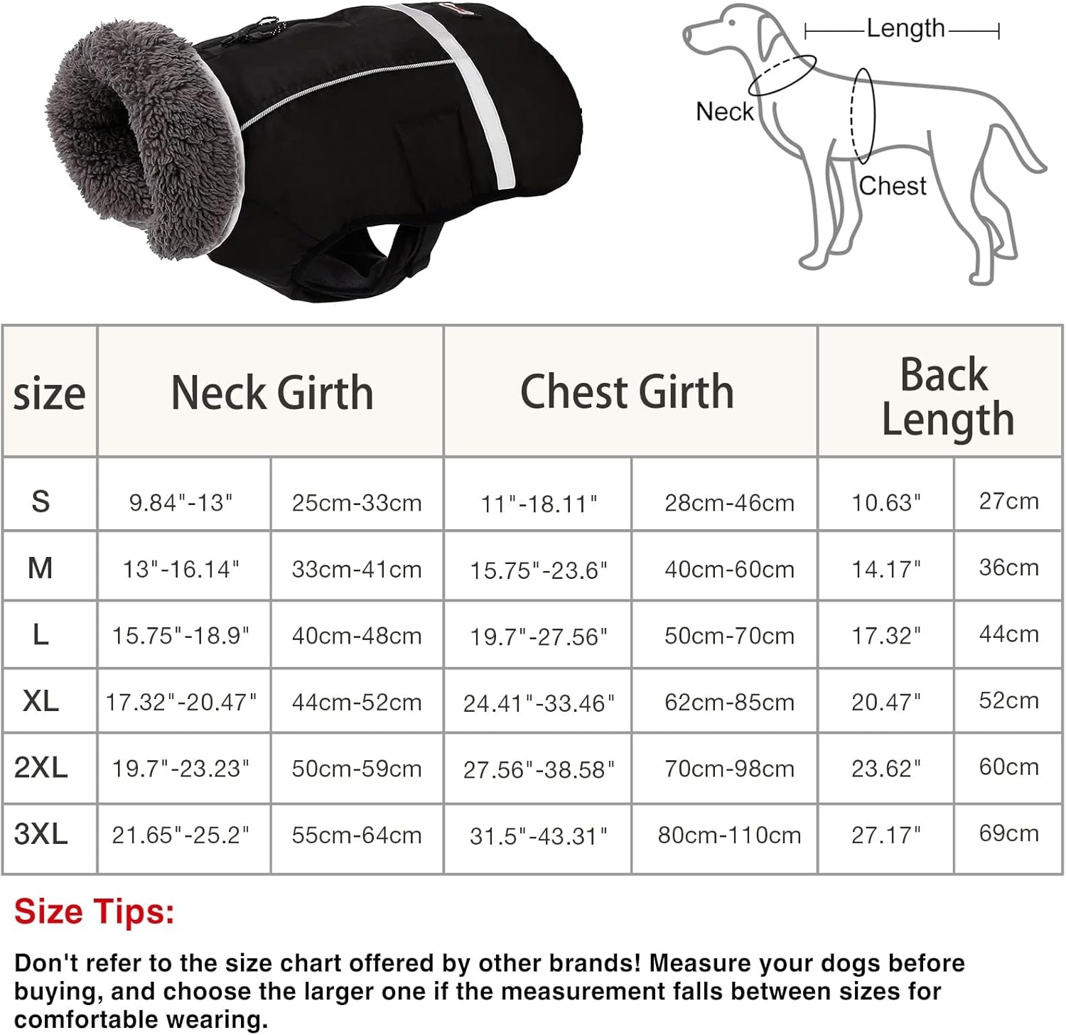 Warm Dog Clothes, Adjustable Dog Sweaters for Large Dogs, Cold Weather Dog Coats, Safety Dog Jackets with Reflective Strips and Two-Way Zipper Black L