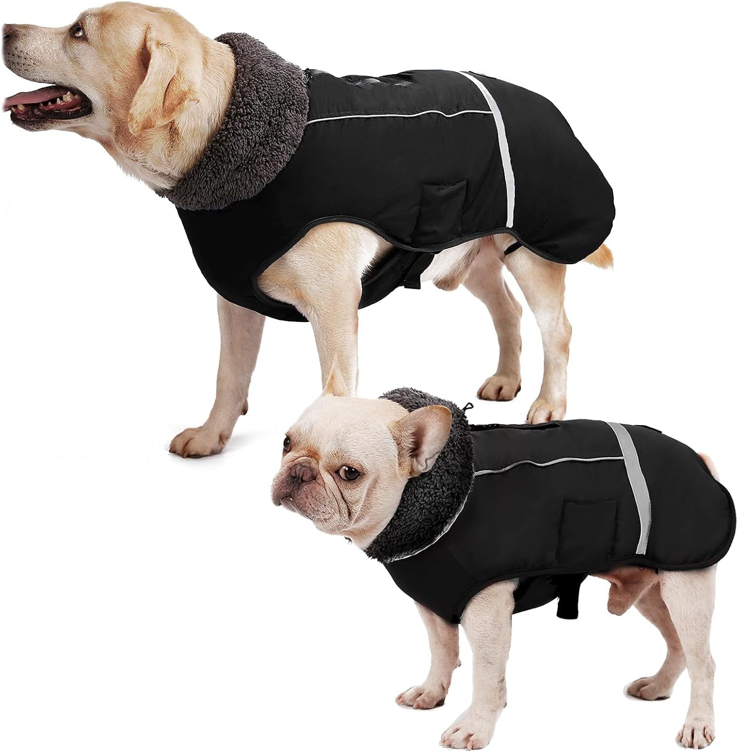 Warm Dog Clothes, Adjustable Dog Sweaters for Large Dogs, Cold Weather Dog Coats, Safety Dog Jackets with Reflective Strips and Two-Way Zipper Black L
