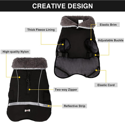 Warm Dog Clothes, Adjustable Dog Sweaters for Large Dogs, Cold Weather Dog Coats, Safety Dog Jackets with Reflective Strips and Two-Way Zipper Black L