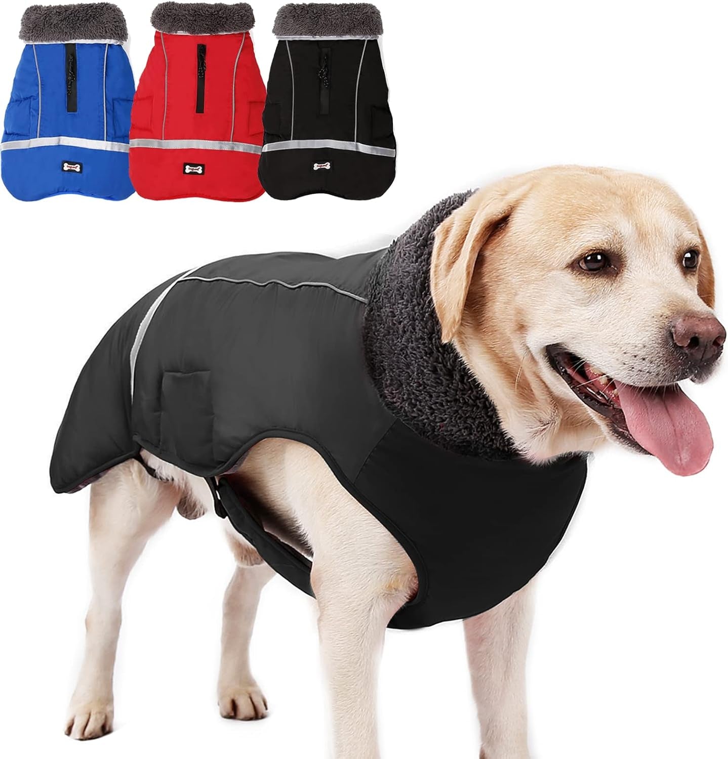 Warm Dog Clothes, Adjustable Dog Sweaters for Large Dogs, Cold Weather Dog Coats, Safety Dog Jackets with Reflective Strips and Two-Way Zipper Black L