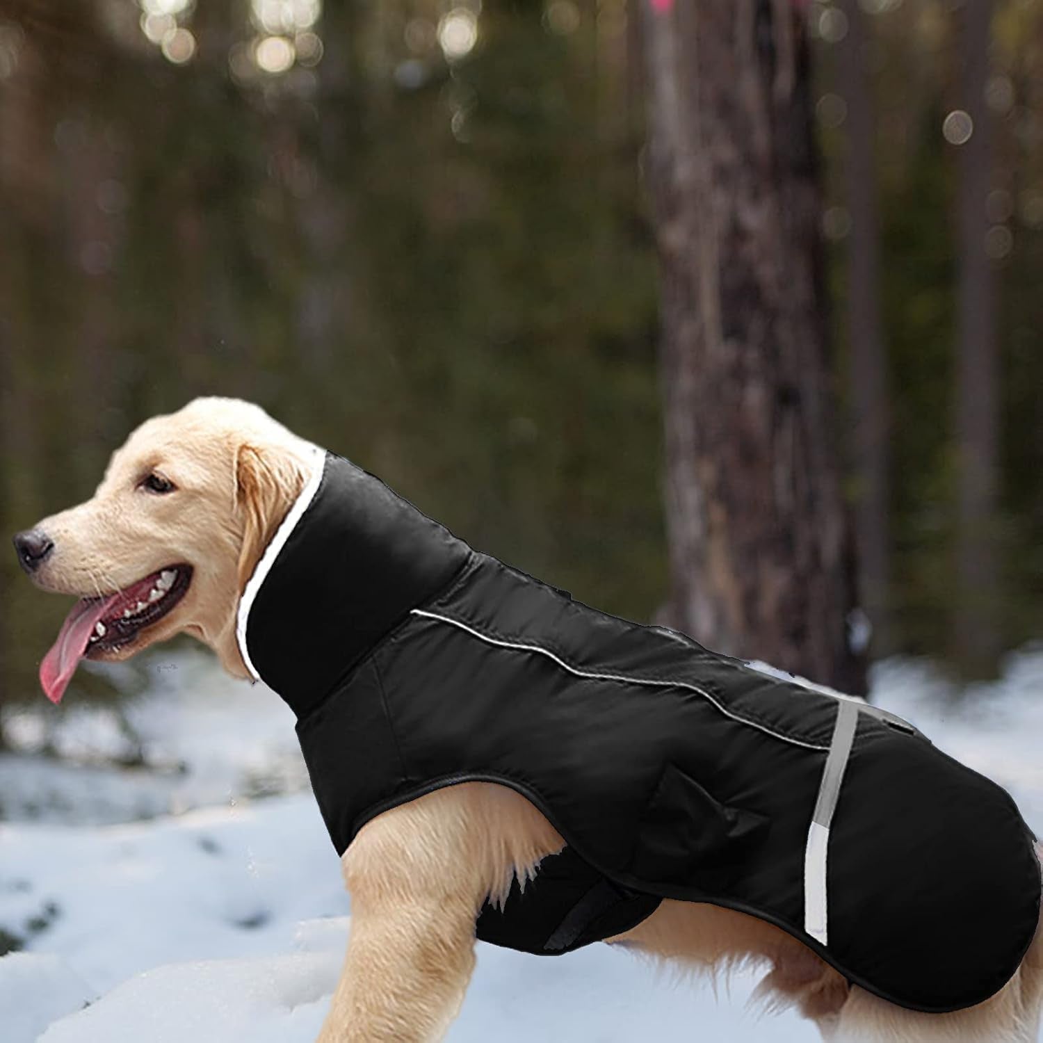 Warm Dog Clothes, Adjustable Dog Sweaters for Large Dogs, Cold Weather Dog Coats, Safety Dog Jackets with Reflective Strips and Two-Way Zipper Black L
